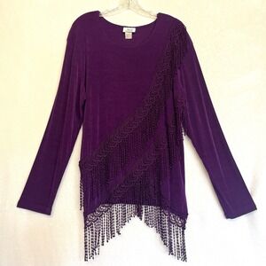 VTG Jostar Purple Long Sleeve Beaded Fringe Tunic Top Party Blouse Costume Large